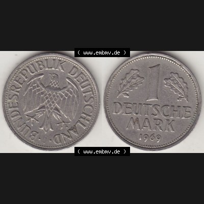 BRD Münzen 1 DM, Umlaufmünze 1950-2001, 1 DM Deutsche Mark, 1969 J-1. Vorderseite und Rückseite der Münze aus Deutschland Sammlung