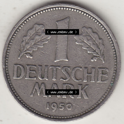BRD Münzen 1 DM, Umlaufmünze 1950-2001, 1 DM Deutsche Mark, 1950 F-3. Rückseite der Münze aus Deutschland Sammlung