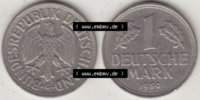 BRD Münzen 1 DM, Umlaufmünze 1950-2001, 1 DM Deutsche Mark, 1950 G-1. Vorderseite und Rückseite der Münze aus Deutschland Sammlung