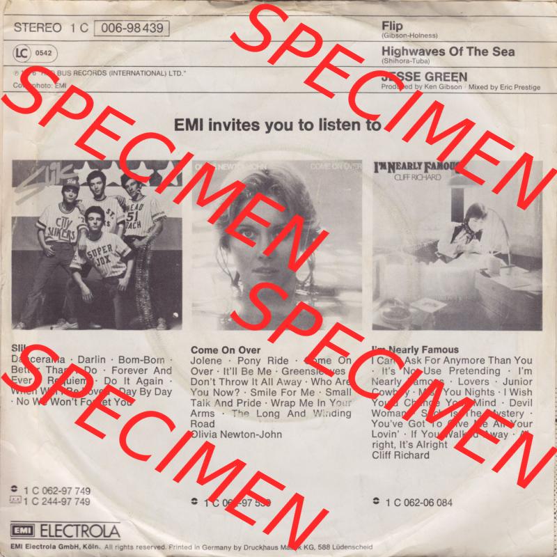 Schallplatten EMI Electrola 1976, Jesse Green mit Flip und Highwaves Of The Sea. Rückseite der Schallplatte aus privater Sammlung, verwalte deine Schallplatten-Sammlung durch einfachen... Sammlung