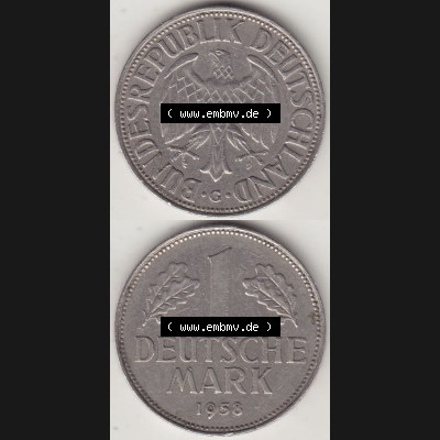 BRD Münzen 1 DM, Umlaufmünze 1950-2001, 1 DM Deutsche Mark, 1958 G-1. Vorderseite und Rückseite auf einen digitalen Bild / Foto der Münze aus Deutschland,... Sammlung