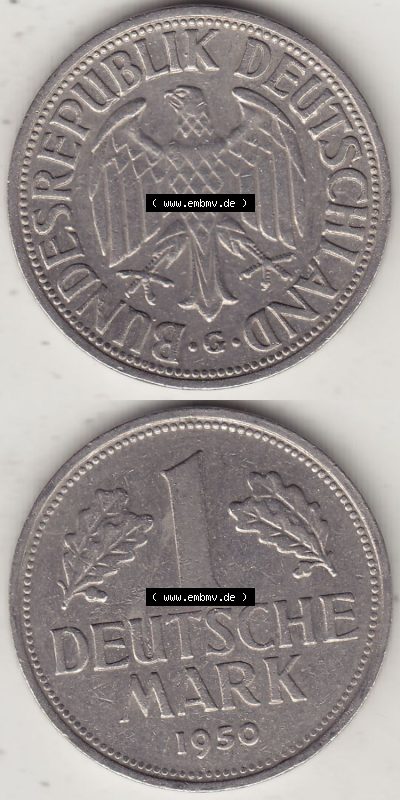 BRD Münzen 1 DM, Umlaufmünze 1950-2001, 1 DM Deutsche Mark, 1950 G-3. Vorderseite und Rückseite auf einen digitalen Bild /... Sammlung