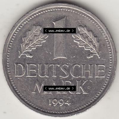 BRD Münzen 1 DM, Umlaufmünze 1950-2001, 1 DM Deutsche Mark, 1994 J-1. Rückseite der Münze aus Deutschland Sammlung