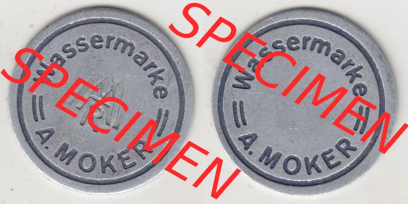 Alte Wertmarken Allgemein Wassermarke von A. Moker. Vorderseite und Rückseite auf einen digitalen Bild einer Wertmarke. Das digitale Bild der Wertmarke dürfen private Sammler... Sammlung