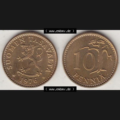 Münzen Finnland / SUOMI Eurovorläufer, Umlaufmünze vor Euroeinführung 1963-1982, 10 Penny, Penniä 1976, SUOMEN TASAVALTA (3) Sammlung