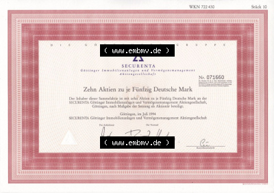 Alte Wertpapiere Bundesrepublik Deutschland in Deutsche Mark 1994, 50 DM, Fünfzig Deutsche Mark, SECURENTA Immobilienanlagen... Sammlung