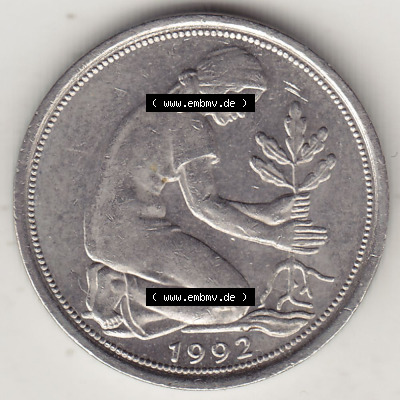 Münzen Deutschland 50 Pfennig der Deutschen Mark 1950-2001, 50 Pfennig 1992 F-1 (1) Sammlung
