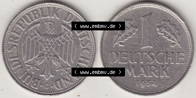 BRD Münzen 1 DM, Umlaufmünze 1950-2001, 1 DM Deutsche Mark, 1954 G-1. Vorderseite und Rückseite der Münze aus Deutschland Sammlung