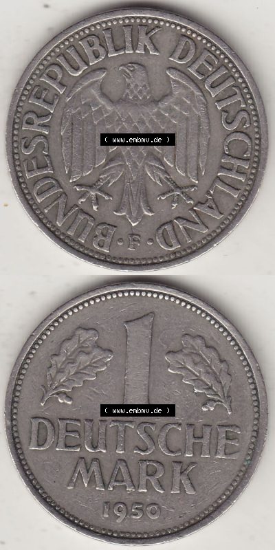 BRD Münzen 1 DM, Umlaufmünze 1950-2001, 1 DM Deutsche Mark, 1950 F-3. Vorderseite und Rückseite auf einen digitalen Bild /... Sammlung