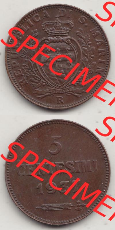 Bildmaterial Münzen aus San Marino vor 1950, 1935-1938, 5 Centesimi, Cent-Wert 1937-1, LIBERTAS REPUBBLICA DI S. MARINO, 5 CENTESIMI (4) Sammlung