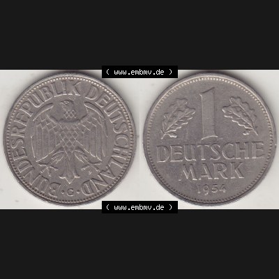 BRD Münzen 1 DM, Umlaufmünze 1950-2001, 1 DM Deutsche Mark, 1954 G-4. Vorderseite und Rückseite der Münze aus Deutschland Sammlung