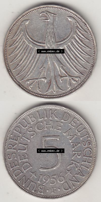 Münzen Deutsche Mark Silbermünze 1951-1974, 5 DM, 5 Deutsche Mark Silberadler, Heiermann 1956 F-1. Bildmaterial mit Vorderseite... Sammlung