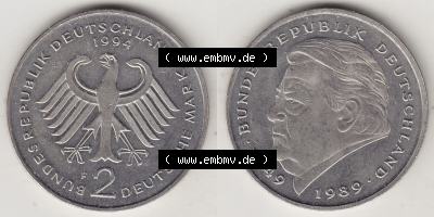 BRD Münzen 2 DM Gedenkmünze 1990-2001, 2 DM, Deutsche Mark Franz Josef Strauß 1994 F-1. Vorderseite und Rückseite der Münze... Sammlung
