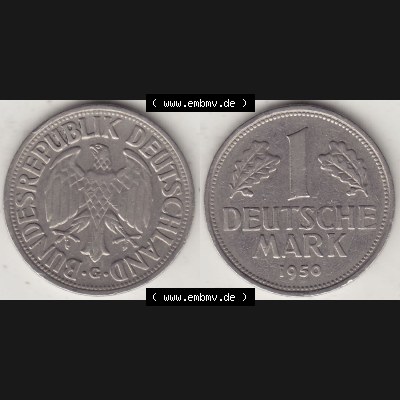 BRD Münzen 1 DM, Umlaufmünze 1950-2001, 1 DM Deutsche Mark, 1950 G-1. Vorderseite und Rückseite der Münze aus Deutschland Sammlung