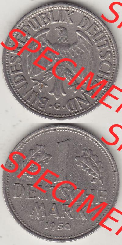 BRD Münzen 1 DM, Umlaufmünze 1950-2001, 1 DM Deutsche Mark, 1950 G-2. Vorderseite und Rückseite auf einen digitalen Bild / Foto der Münze aus Deutschland,... Sammlung