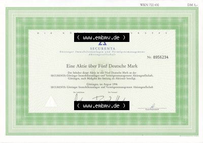 Alte Wertpapiere Bundesrepublik Deutschland in Deutsche Mark 1996, 5 DM, Eine Aktie über Fünf Deutsche Mark, Aktie SECURENTA... Sammlung