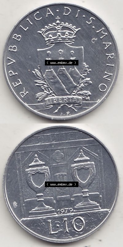 Aus offiziellen Münzensatz / KMS 1979 San Marino vor Euro 1979-1979, 10 Lire, J. V. LIBERTAS REPVBBLICA DI S. MARINO, 1979 L.10... Sammlung