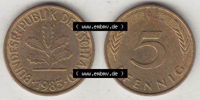 Münzen Deutschland 5 Pfennig-Deutsche Mark 1950-2001, 5 Pfennig, 1983 D-1 (3) Sammlung