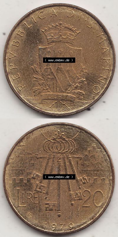 Aus offiziellen Münzensatz / KMS 1979 San Marino vor Euro 1979-1979, 20 Lire, J. V. LIBERTAS REPVBBLICA DI S. MARINO, 1979 20... Sammlung