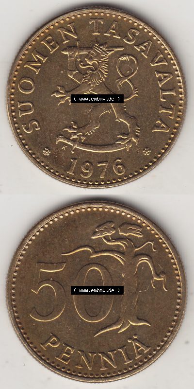Münzen Finnland / SUOMI Eurovorläufer, Umlaufmünze vor Euroeinführung 1963-1990, 50 Penny Penniä 1976, SUOMEN TASAVALTA (4) Sammlung