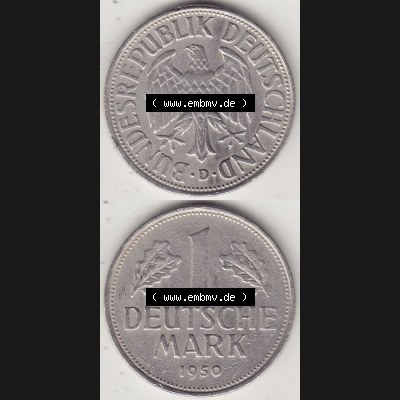 BRD Münzen 1 DM, Umlaufmünze 1950-2001, 1 DM Deutsche Mark, 1950 D-5. Vorderseite und Rückseite auf einen digitalen Bild / Foto der Münze aus Deutschland,... Sammlung