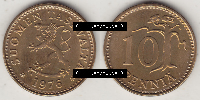 Münzen Finnland / SUOMI Eurovorläufer, Umlaufmünze vor Euroeinführung 1963-1982, 10 Penny, Penniä 1976, SUOMEN TASAVALTA... Sammlung