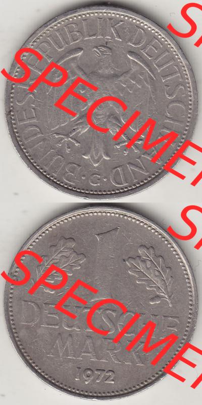 BRD Münzen 1 DM, Umlaufmünze 1950-2001, 1 DM Deutsche Mark, 1972 G-3. Vorderseite und Rückseite auf einen digitalen Bild / Foto der Münze aus Deutschland,... Sammlung