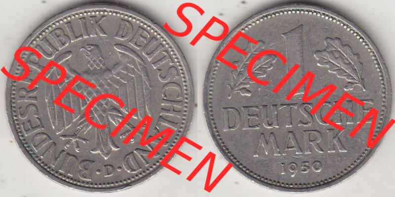 BRD Münzen 1 DM, Umlaufmünze 1950-2001, 1 DM Deutsche Mark, 1950 D-1. Vorderseite und Rückseite der Münze aus Deutschland Sammlung