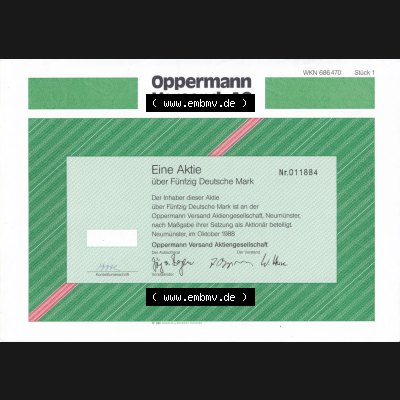 Alte Wertpapiere Bundesrepublik Deutschland in Deutsche Mark 1988, 50 DM, Oppermann Versand AG, Eine Aktien über Fünfzig Deutsche Mark (1) Sammlung
