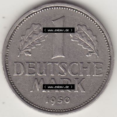 BRD Münzen 1 DM, Umlaufmünze 1950-2001, 1 DM Deutsche Mark, 1950 J-4. Rückseite der Münze aus Deutschland Sammlung
