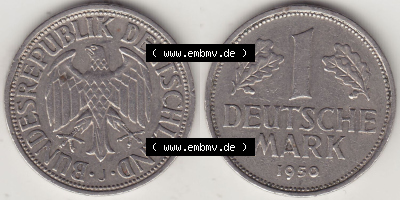 BRD Münzen 1 DM, Umlaufmünze 1950-2001, 1 DM Deutsche Mark, 1950 J-5. Vorderseite und Rückseite der Münze aus Deutschland Sammlung