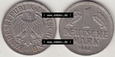 BRD Münzen 1 DM, Umlaufmünze 1950-2001, 1 DM Deutsche Mark, 1966 F-1. Vorderseite und Rückseite der Münze aus Deutschland Sammlung