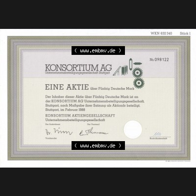 Alte Wertpapiere Bundesrepublik Deutschland in Deutsche Mark 1988, 50 DM, Fünfzig Deutsche Mark, KONSORTIUM AG Stuttgart (2) Sammlung