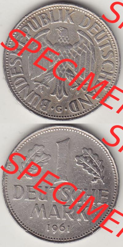 BRD Münzen 1 DM, Umlaufmünze 1950-2001, 1 DM Deutsche Mark, 1961 G-1. Vorderseite und Rückseite auf einen digitalen Bild / Foto der Münze aus Deutschland,... Sammlung