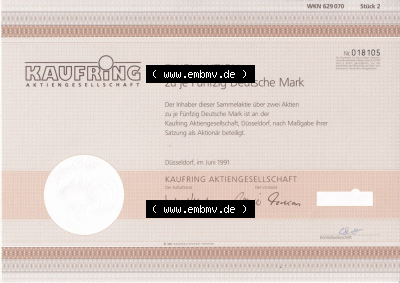 Alte Wertpapiere Bundesrepublik Deutschland in Deutsche Mark 1991, 100 DM, Kaufring Aktiengesellschaft, Zwei Aktien zu je Fünfzig... Sammlung