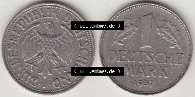BRD Münzen 1 DM, Umlaufmünze 1950-2001, 1 DM Deutsche Mark, 1957 J-1. Vorderseite und Rückseite der Münze aus Deutschland Sammlung