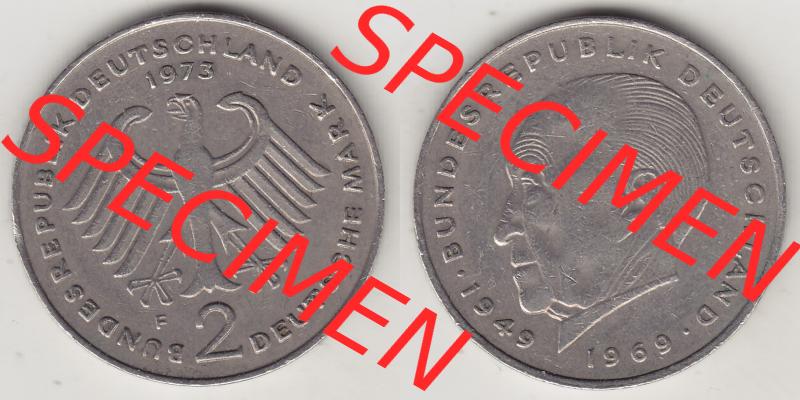 BRD Münzen 2 DM Gedenkmünze 1969-1987, 2 DM, Deutsche Mark Konrad Adenauer 1973-1 F. Vorderseite und Rückseite der Münze aus Deutschland Sammlung