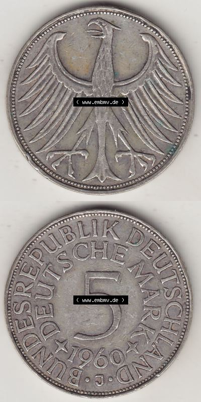Münzen Deutsche Mark Silbermünze 1951-1974, 5 DM, 5 Deutsche Mark Silberadler, Heiermann 1960 J-1. Bildmaterial mit Vorderseite... Sammlung