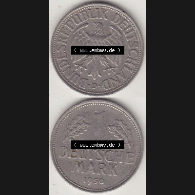BRD Münzen 1 DM, Umlaufmünze 1950-2001, 1 DM Deutsche Mark, 1950 D-4. Vorderseite und Rückseite auf einen digitalen Bild / Foto der Münze aus Deutschland,... Sammlung