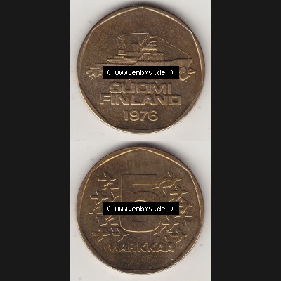 Münzen Finnland / SUOMI Eurovorläufer, Umlaufmünze vor Euroeinführung 1972-1978, 5 Finnische Mark, Markkaa 1976, SUOMI FINLAND (4) Sammlung