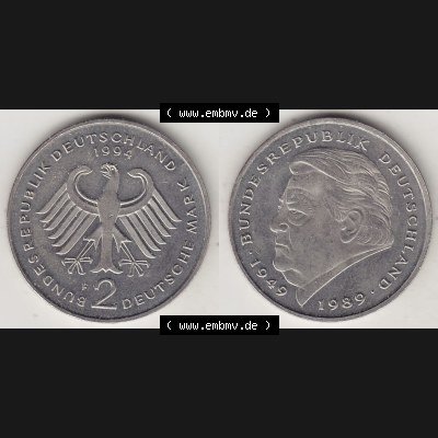 BRD Münzen 2 DM Gedenkmünze 1990-2001, 2 DM, Deutsche Mark Franz Josef Strauß 1994 F-1. Vorderseite und Rückseite der Münze aus Deutschland Sammlung