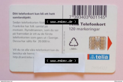 Telefonkarte Schweden. Hier kann man nicht viel schreiben. Es ist die Rückseite der Karte mit dem Raumfahrer. Sammlung